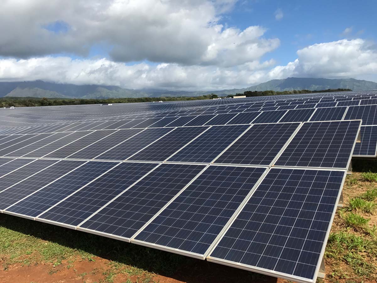 hundreds of solar panels with clouds and mountain in the background