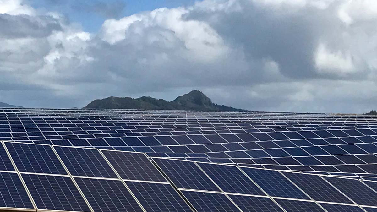 hundreds of solar panels with clouds and mountain in the background